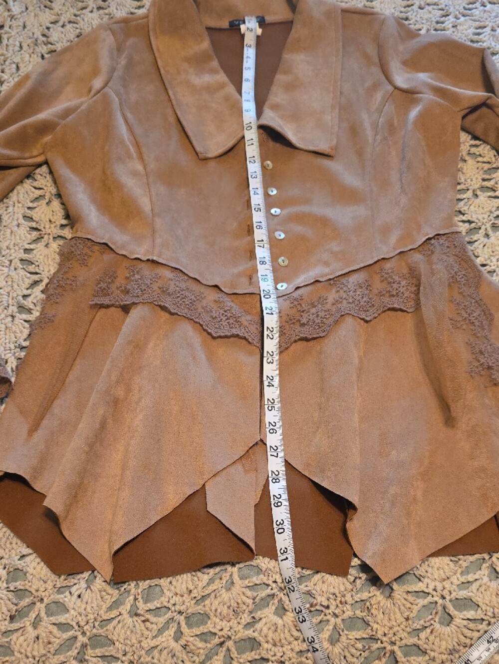 VENUS Tan Suede-Look Lace Trim Blazer - Picture 3 of 6